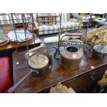 THREE ANTIQUE COPPER KETTLES, A SAUCEPAN, A WINE RACK AND AN IRON SCROLL STAND.