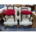 A PAIR OF BUTTON BACK ARMCHAIRS AND TWO BALLOON BACK CHAIRS.