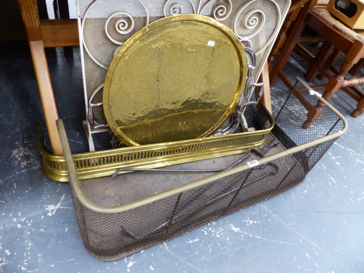 TWO VICTORIAN FIRE FENDERS, A BRASS TRAY, PLATED TRAY ETC.