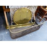TWO VICTORIAN FIRE FENDERS, A BRASS TRAY, PLATED TRAY ETC.