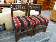 A PAIR OF MOORISH STYLE LOW BACK STOOLS.