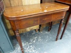 A REGENCY MAHOGANY AND INLAID FOLD OVER TEA TABLE.