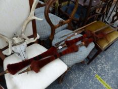 TWO MAASAI SPEARS, AND A DEER FRONTLET AND HORNS.