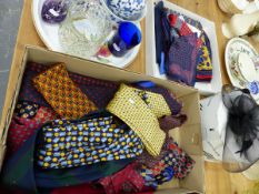 A QUANTITY OF GENTS SILK TIES AND HANDKERCHIEFS, A JOHN LEWIS FASCINATOR, GLASS WARE ETC.