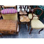 A PAIR OF VICTORIAN BALLOON BACK CHAIRS, TWO SADDLE SEAT STOOLS, LLOYD LOOM BASKET, ETC.