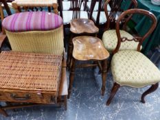 A PAIR OF VICTORIAN BALLOON BACK CHAIRS, TWO SADDLE SEAT STOOLS, LLOYD LOOM BASKET, ETC.