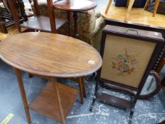 AN ANTIQUE FIRE SCREEN, FOUR OCCASIONAL TABLES, A MIRROR ETC.