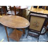 AN ANTIQUE FIRE SCREEN, FOUR OCCASIONAL TABLES, A MIRROR ETC.