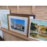 A SMALL OIL PAINTING SIGNED A SENIOR A PRINT BY ELIZABETH BAINSTOW, 2 PHOTOGRAPHS ETC.