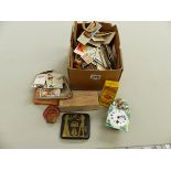 A SMALL COLLECTION OF CHURCHMAN CIGARETTE CARDS,VARIOUS GB COINS, A CIGARETTE CASE, LIGHTERS, A
