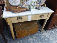 A VICTORIAN MARBLE TOPPED PINE WASHSTAND AND A VINTAGE TOOL BOX.