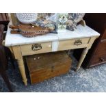 A VICTORIAN MARBLE TOPPED PINE WASHSTAND AND A VINTAGE TOOL BOX.