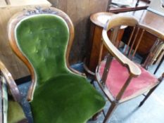 A VICTORIAN MARBLE TOPPED CYLINDER NIGHT STAND, A VICTORIAN NURSING CHAIR AND AN EDWARDIAN CHAIR.