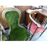 A VICTORIAN MARBLE TOPPED CYLINDER NIGHT STAND, A VICTORIAN NURSING CHAIR AND AN EDWARDIAN CHAIR.