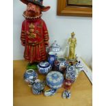 A PIG BEEFEATER FIGURE, A SMALL JAPANASE VASE, WEDGWOOD POWDER JAR AND OTHER CHINA WARES.