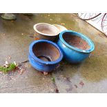 TWO BLUE GLAZED PLANTERS AND OTHERS.