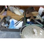 VARIOUS VINTAGE IRON COOKING PANS, PLATED CUTLERY, VASES, ETC.