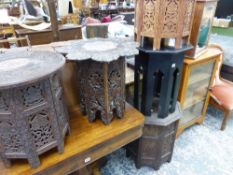 FIVE ORIENTAL OCTAGONAL OCCASIONAL TABLES, THREE WITH CARVED PANEL SIDES.