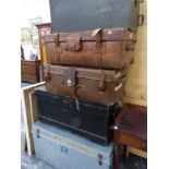 A LARGE PINE TRUNK, LEATHER CASES ETC.