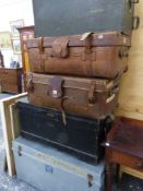 A LARGE PINE TRUNK, LEATHER CASES ETC.