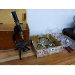 A SMALL VINTAGE MICROSCOPE, A SMALL CUT GLASS LIGHT SHADE ETC.