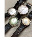 A CONTINENTAL SILVER LADIES POCKET WATCH, AND THREE VINTAGE GENTS WRIST WATCHES TO INCLUDE A