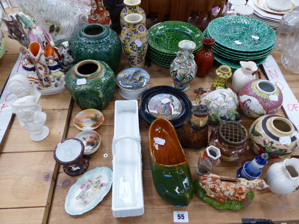 TWO ANTIQUE POT LIDS, THREE STAFFORDSHIRE FIGURES, 19th C. CABBAGE LEAF PATTERN PLATES ORIENTAL