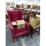 AN EDWARDIAN WING BACK ARM CHAIR AND FOUR VARIOUS SIDE CHAIRS.
