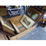 A QUANTITY OF ANTIQUE AND LATER ETCHINGS, OTHER PRINTS AND PICTURES, AND A COAL BOX.