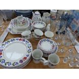 ADAMS WARE PART DINNER SERVICE, WINE GLASSES ETC.