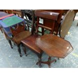 FIVE VARIOUS VICTORIAN DINING CHAIRS AND A SMALL REGENCY TRIPOD TABLE.