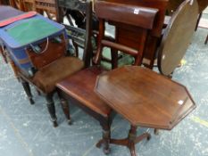 FIVE VARIOUS VICTORIAN DINING CHAIRS AND A SMALL REGENCY TRIPOD TABLE.