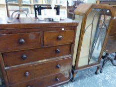 A VICTORIAN MAHOGANY CHEST OF DRAWERS, AN ART DECO DISPLAY CABINET AND TWO OCCASIONAL TABLES.