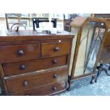 A VICTORIAN MAHOGANY CHEST OF DRAWERS, AN ART DECO DISPLAY CABINET AND TWO OCCASIONAL TABLES.