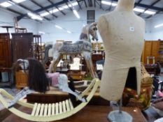 TWO ROCKING HORSES AND A DRESS MAKERS DUMMY.