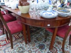 A GEORGIAN MAHOGANY D END DINING TABLE, ON SHAPED SQUARE LEGS.