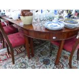 A GEORGIAN MAHOGANY D END DINING TABLE, ON SHAPED SQUARE LEGS.