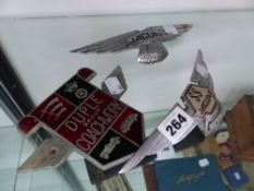 VINTAGE CAR BADGES TO INCLUDE, SS JAGUAR, AND ONE OTHER SIMILAR, AND A DUPLE GROUP COACHWORK BADGE.