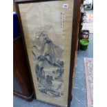 A FRAMED AND GLAZED ORIENTAL SCROLL PANEL.