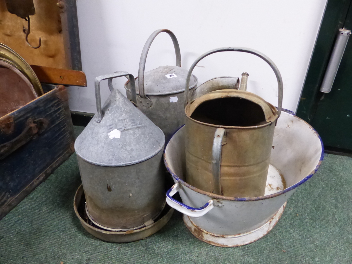 GALVANIZED WATERING CANS, ENAMEL WARES ETC.