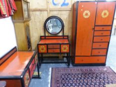 AN ART DECO PAINTED AND EBONISED BEDROOM SUITE .