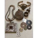 A COLLECTION OF EASTERN WHITE METAL AND CONTINENTAL SILVER JEWELLERY, COINS ETC.