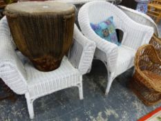 A WHITE PAINTED RATTAN CONSERVATORY SUITE, AND TWO SIMILAR CHILD'S CHAIRS.