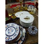 A VICTORIAN STONE WARE PART DINNER SERVICE, VARIOUS BRASS WARES, ETC.