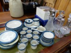 A WEDGWOOD POTTERY PART DINNER AND COFFEE SERVICE, DECANTERS ETC.