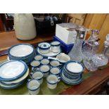 A WEDGWOOD POTTERY PART DINNER AND COFFEE SERVICE, DECANTERS ETC.