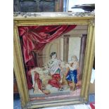 A LARGE VICTORIAN GILT FRAMED EMBROIDERED PANEL.