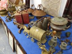 A QUANTITY OF SERVANTS BELLS, VINTAGE TRAPS, HANGING LIGHTS, A COPPER TEA URN, GLASS CHANDELIER ETC.