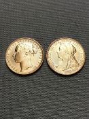 TWO VICTORIAN 22ct GOLD FULL SOVEREIGN COINS, DATED 1896 AND 1876.