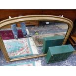 A LATE VICTORIAN OVER MANTLE MIRROR A SMALL GLAZED CABINET AND A SMALL MULTI DRAWER CHEST.